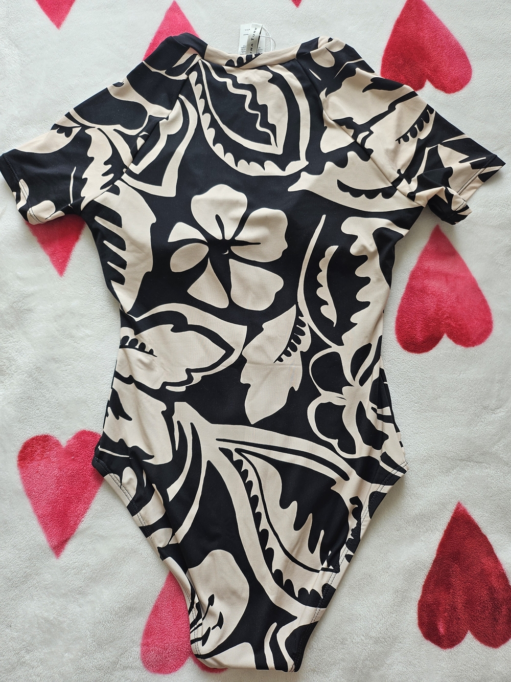 Trina Turk Black & Beige Short-Sleeve One-Piece Swimsuit with Pink Trim - Picture 3 of 4